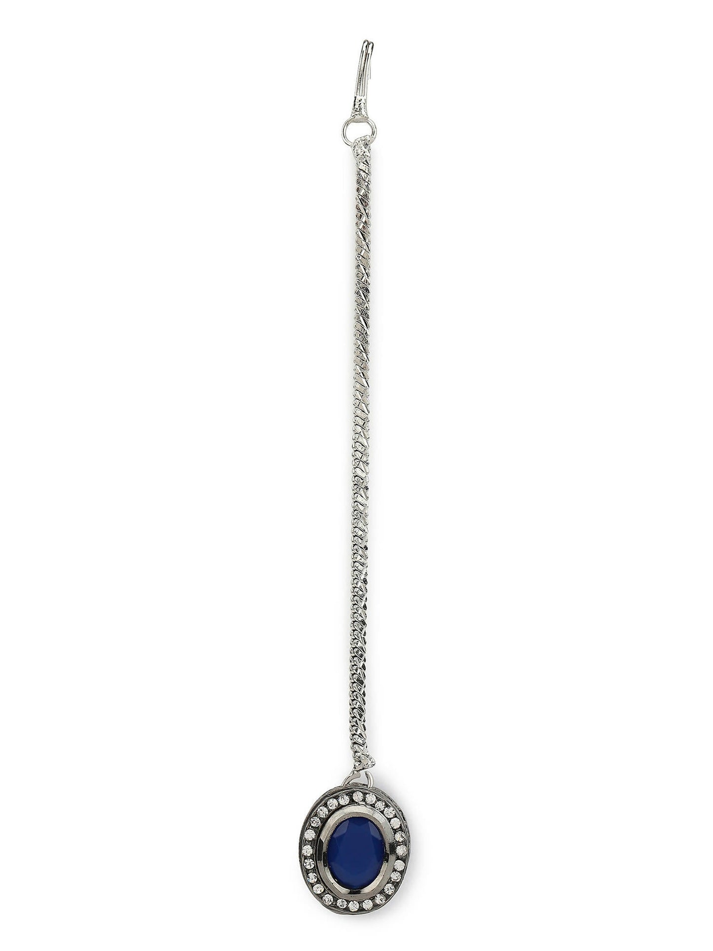 Women's Blue Silver-Toned Kundan Studded Maang Tikka - Ruby Raang | Swadesiicart