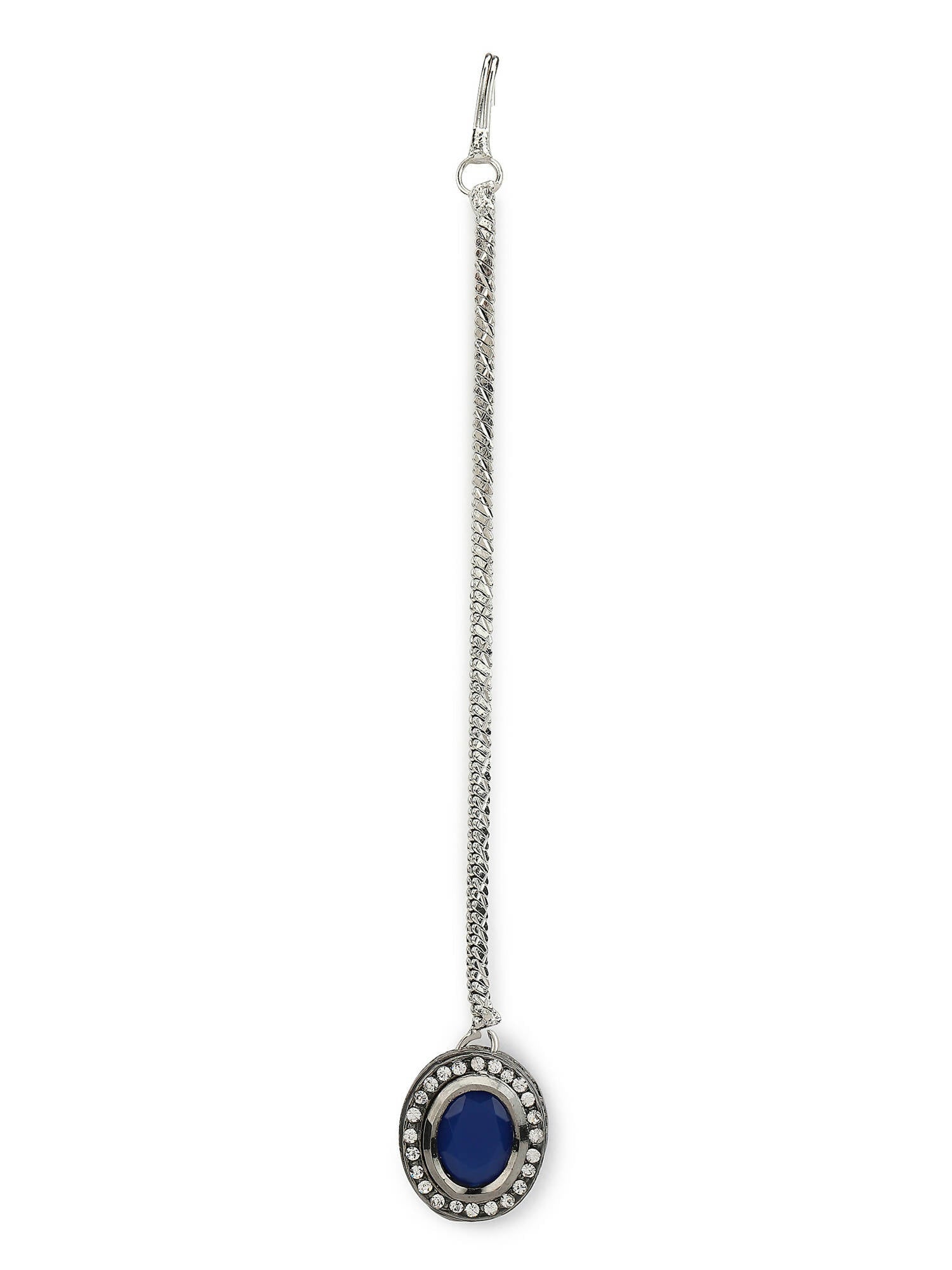 Women's Blue Silver-Toned Kundan Studded Maang Tikka - Ruby Raang | Swadesiicart