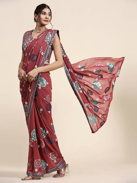 Peach Pure Georgette Sequence work Ready to wear Saree with stitched Blouse - Nirvana | Swadesiicart