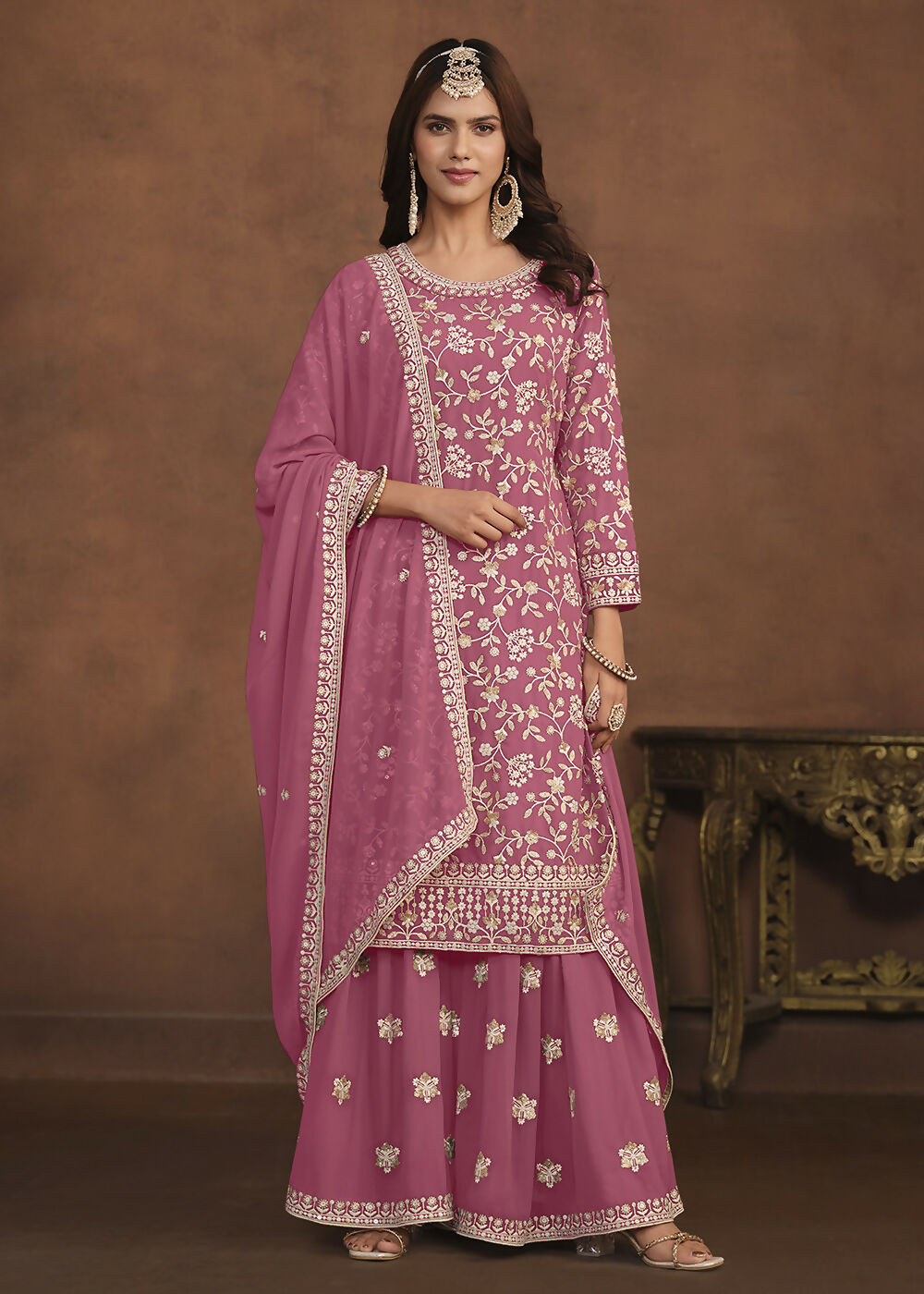 Faux Georgette Pink Embroidered Festive Salwar Suit - Emponline | Swadesiicart
