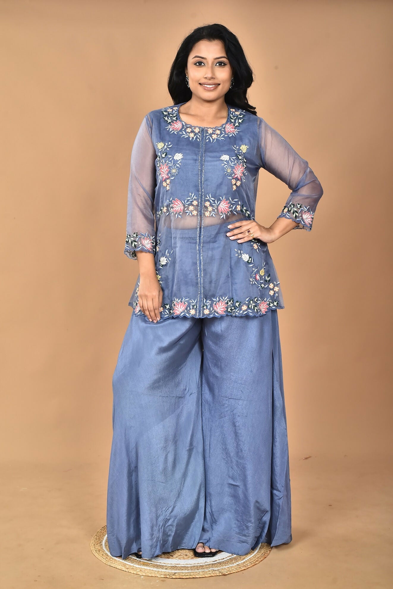 Morchari Women And Hand Embroidery Palazzo Set-Grey - Swadesiicart