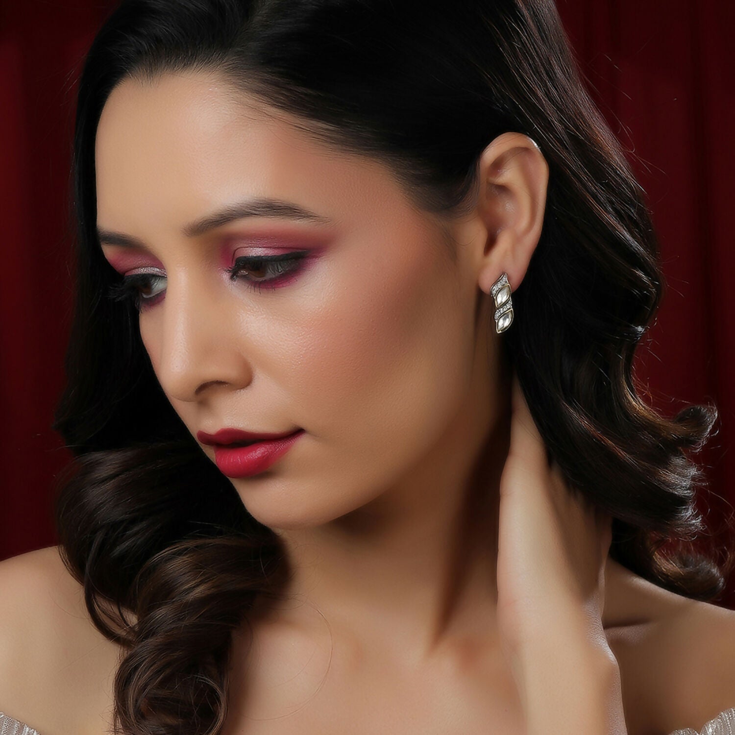 Boat Shaped Earrings with Diamond in Gold (Silver) - Ruby Raang | Swadesiicart