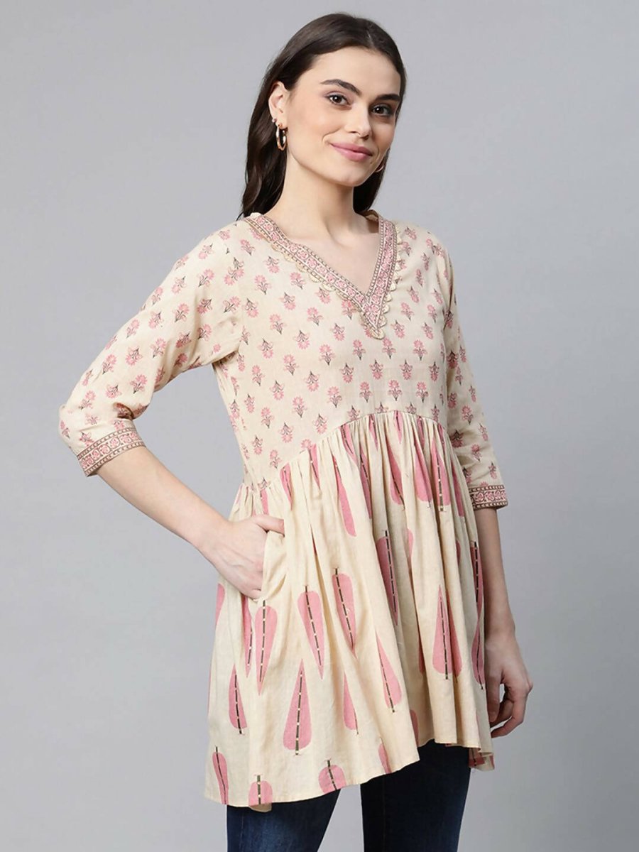 Ahalyaa Women Beautiful Beige Pure Cotton Printed Tunic | Swadesiicart