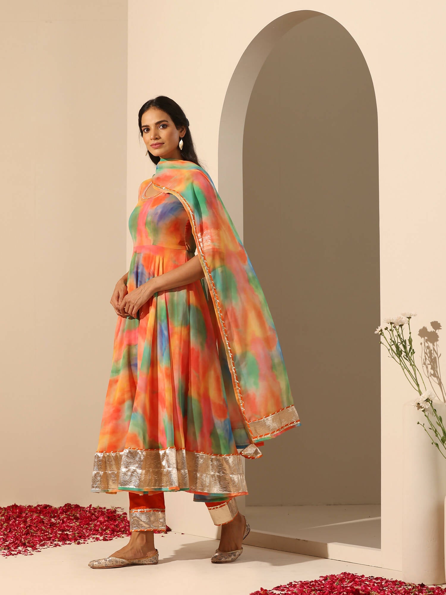 Pomcha Jaipur Orange Gul Rangbirangi Anarkali Set | Swadesiicart