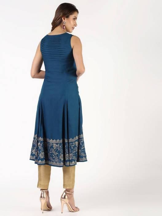 Aniyah Rayon Block Print Flared Blue Kurta (AN-149K) - Swadesiicart
