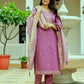 The52 Purple Women's Beautiful Embroidered Viscose Chanderi Silk Fabric with Straight Kurta, Pant and Dupatta Set - Swadesiicart