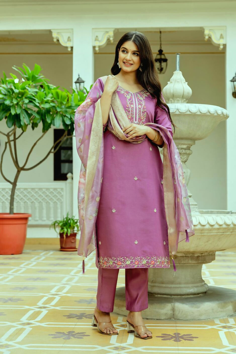 The52 Purple Women's Beautiful Embroidered Viscose Chanderi Silk Fabric with Straight Kurta, Pant and Dupatta Set - Swadesiicart