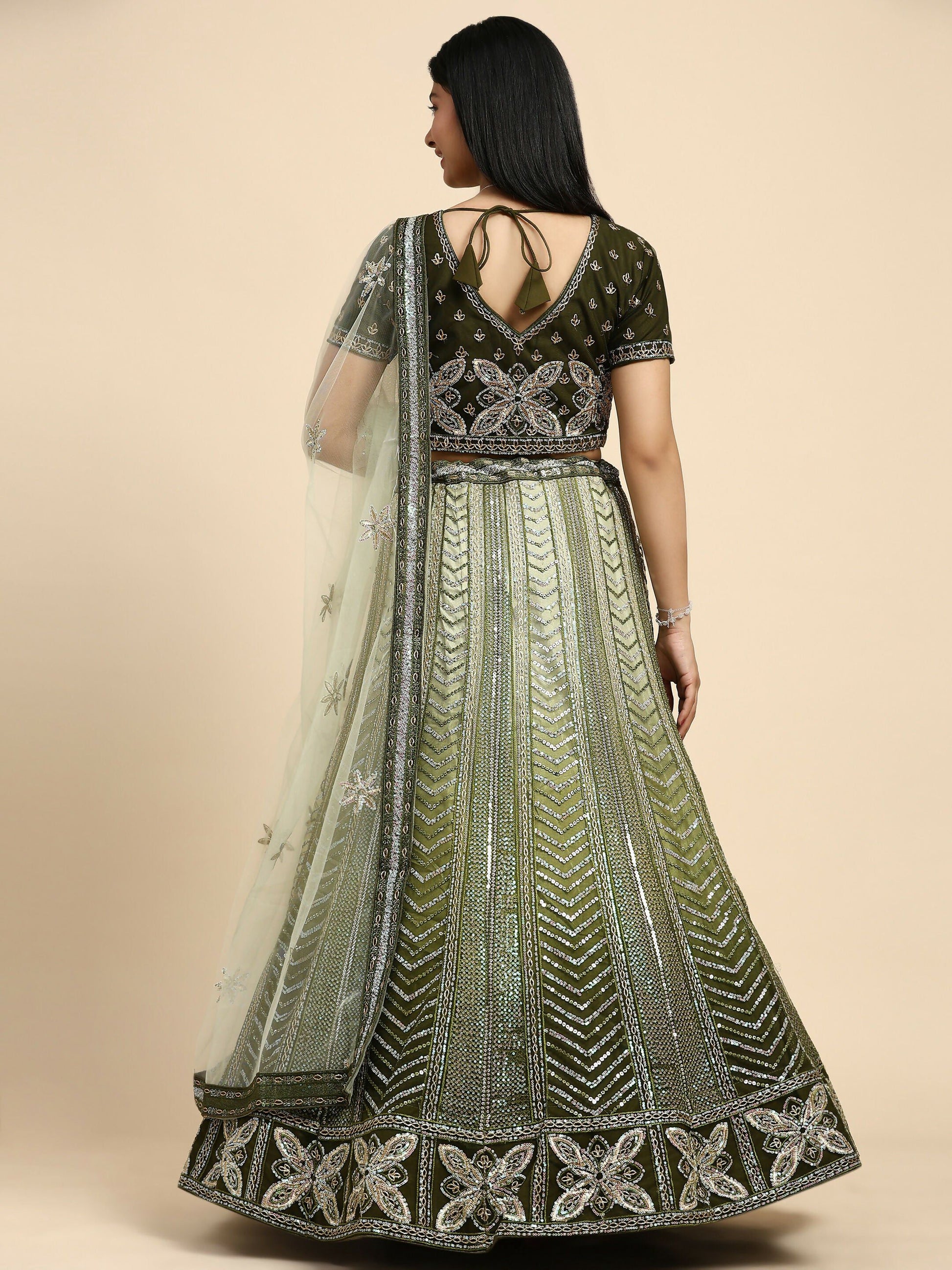 Green Fancy Net Sequence Embroidered Lehenga Choli with Dupatta - Dhara | Swadesiicart