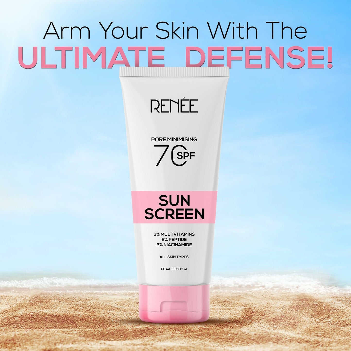 Renee Pore Minimizing Sunscreen SPF 70 With 2% Niacinamide, 2% Peptide & 3% Multivitamins - Swadesiicart