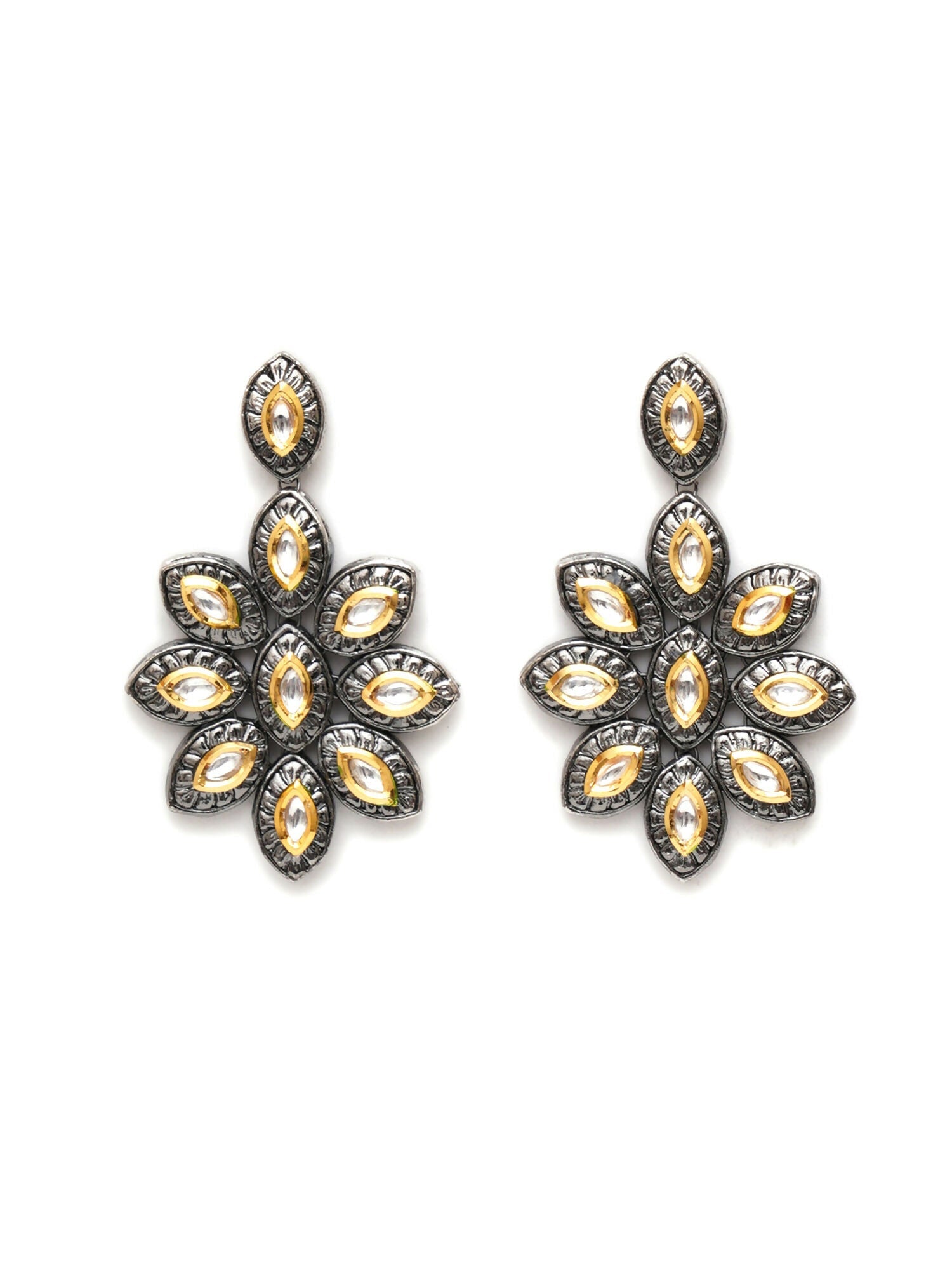 Dual Tone Kundan Flower Studs (silver) - Ruby Raang - Swadesiicart
