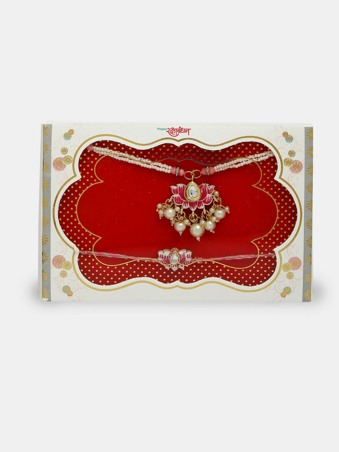 NVR Women & Men Set of 2 Pink Lotus Shape Kundan-Studded & Beaded Handcrafted Wraparound Rakhi Set With Roli Chawal | Swadesiicart