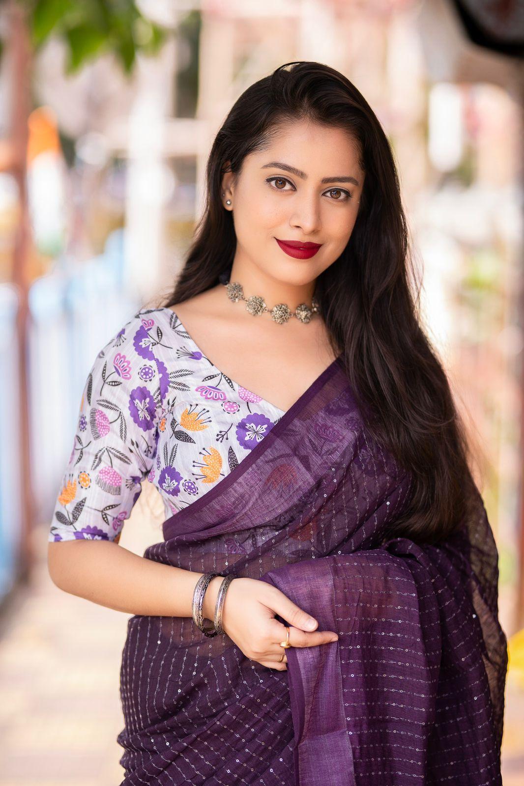 Purple Linen Sequence Saree with Unstitched Blouse - Hiral Fashion | Swadesiicart