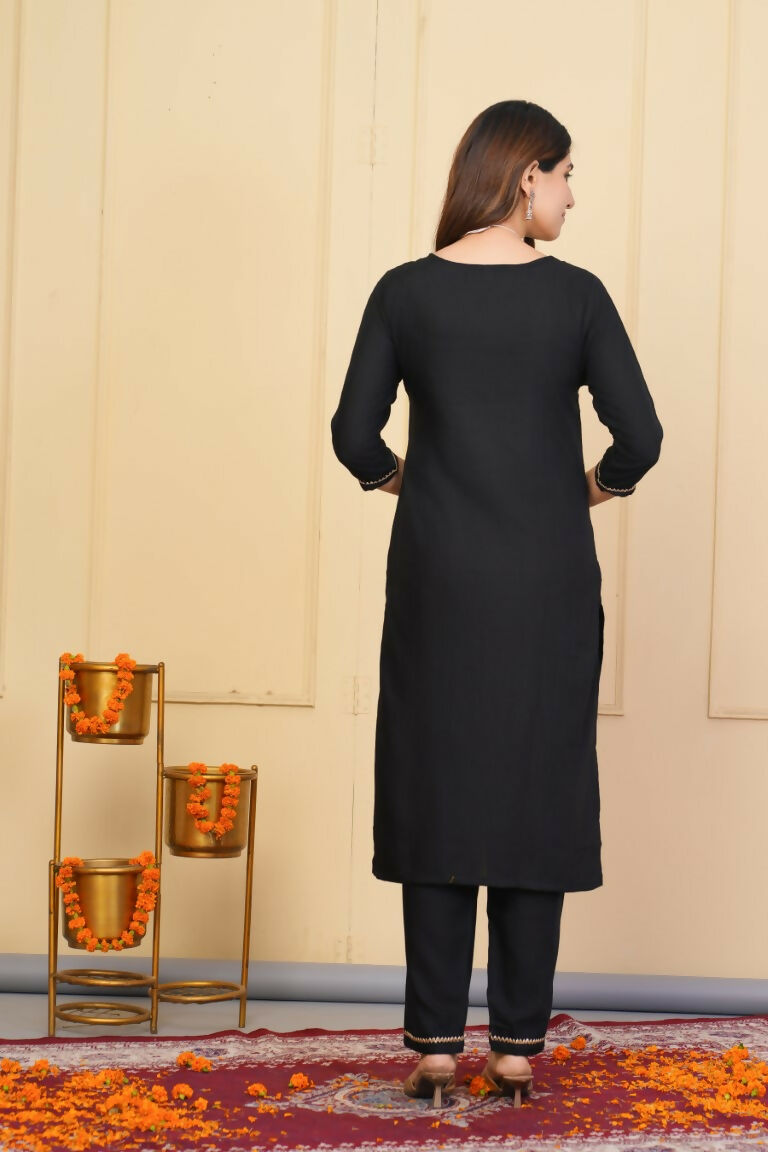 Black Rayon Slub Embroidered Stitched Suit With Dupatta - Tanisha | Swadesiicart
