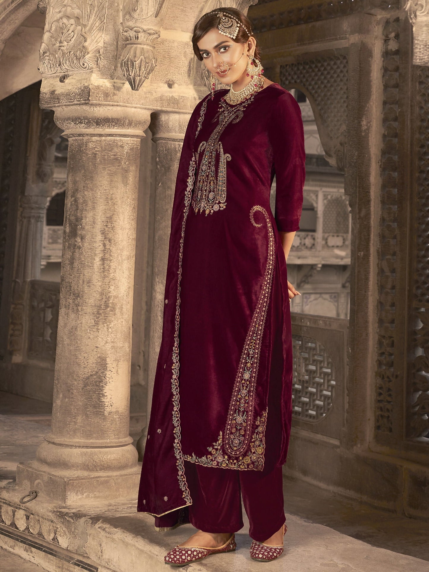 Jyoti Fashion Women's Maroon Velvet Floral Resham Thread with Jari work Kurta with Trouser & Dupatta | Swadesiicart