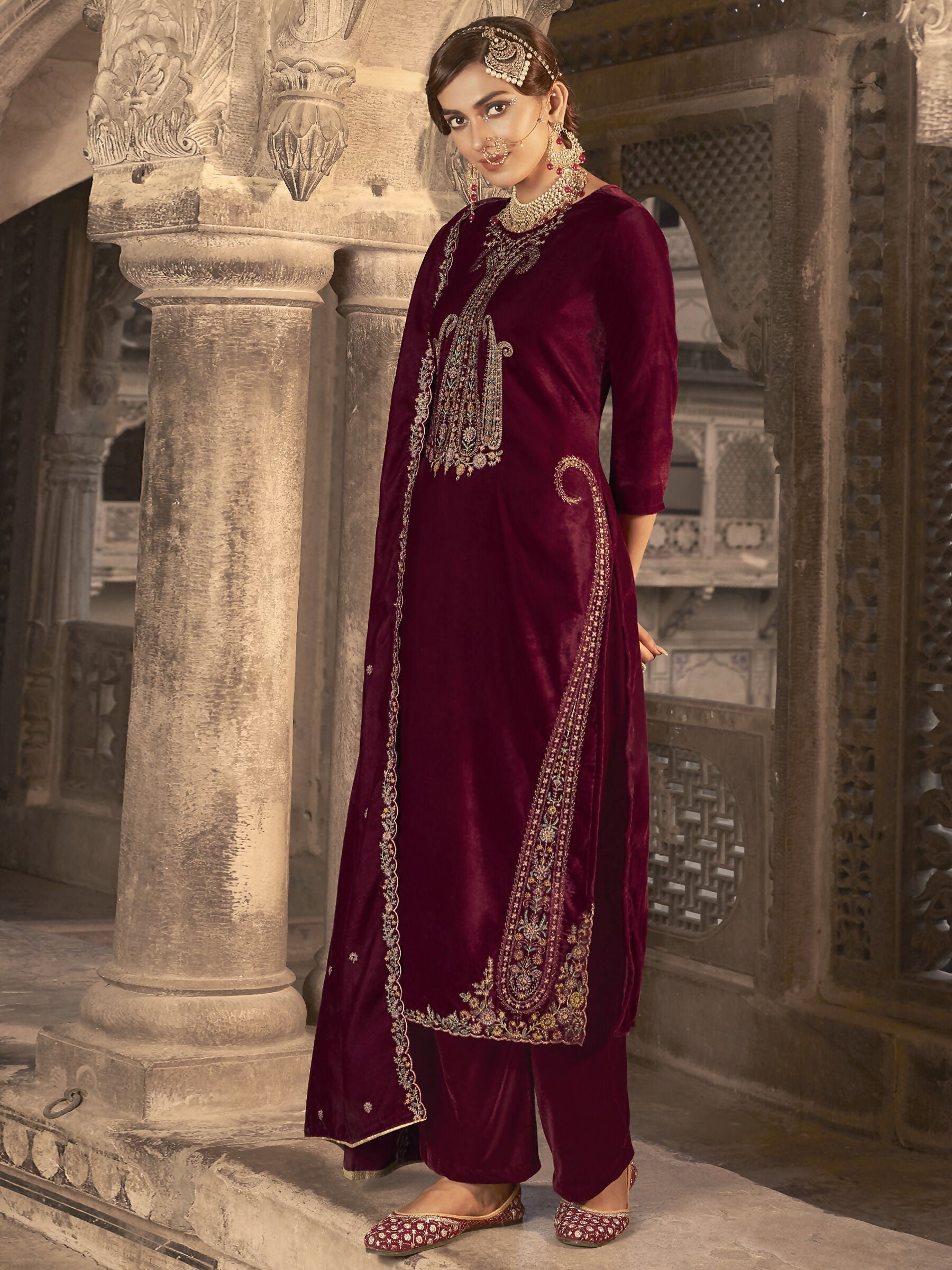 Jyoti Fashion Women's Maroon Velvet Floral Resham Thread with Jari work Kurta with Trouser & Dupatta | Swadesiicart