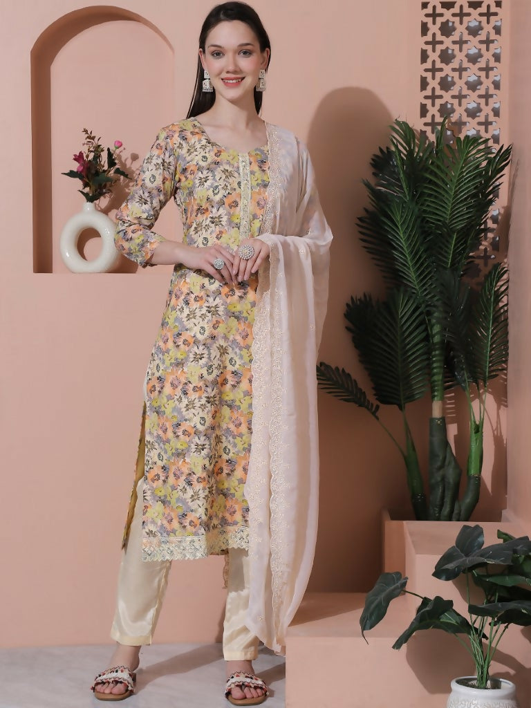 Jyoti Fashion Women's Multicolor Cotton Floral Digital Printed Kurta with Trouser & Dupatta | Swadesiicart
