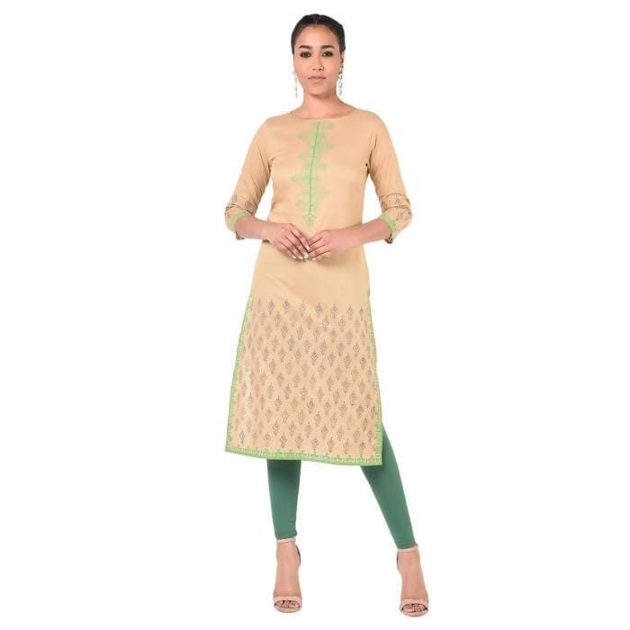 Aniyah Cotton Floral Print Straight Kurta In Beige Color (AN-170K) - Swadesiicart