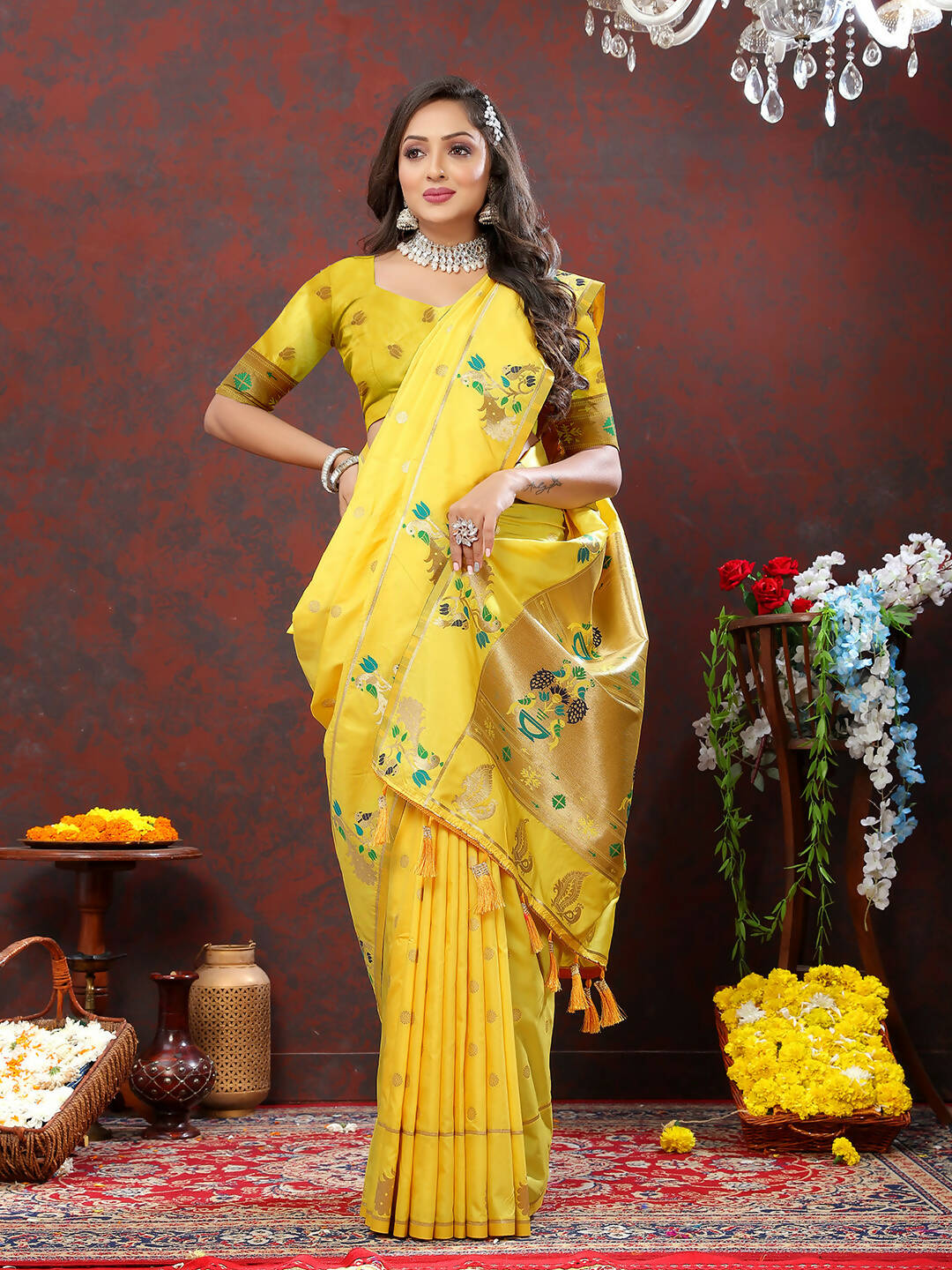 Lorenvalley Fashion Yellow Soft Paithani Silk Woven Design Gold Zari Meenakari Weaving Saree - Swadesiicart