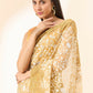 Beige Organza Floral Embroidered Saree with Unstitched Blouse Piece - Roozal