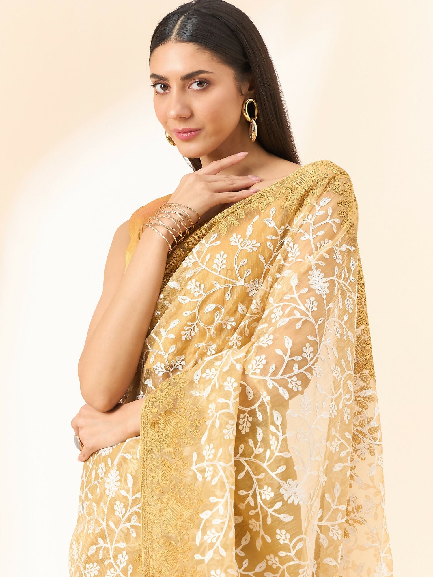 Beige Organza Floral Embroidered Saree with Unstitched Blouse Piece - Roozal