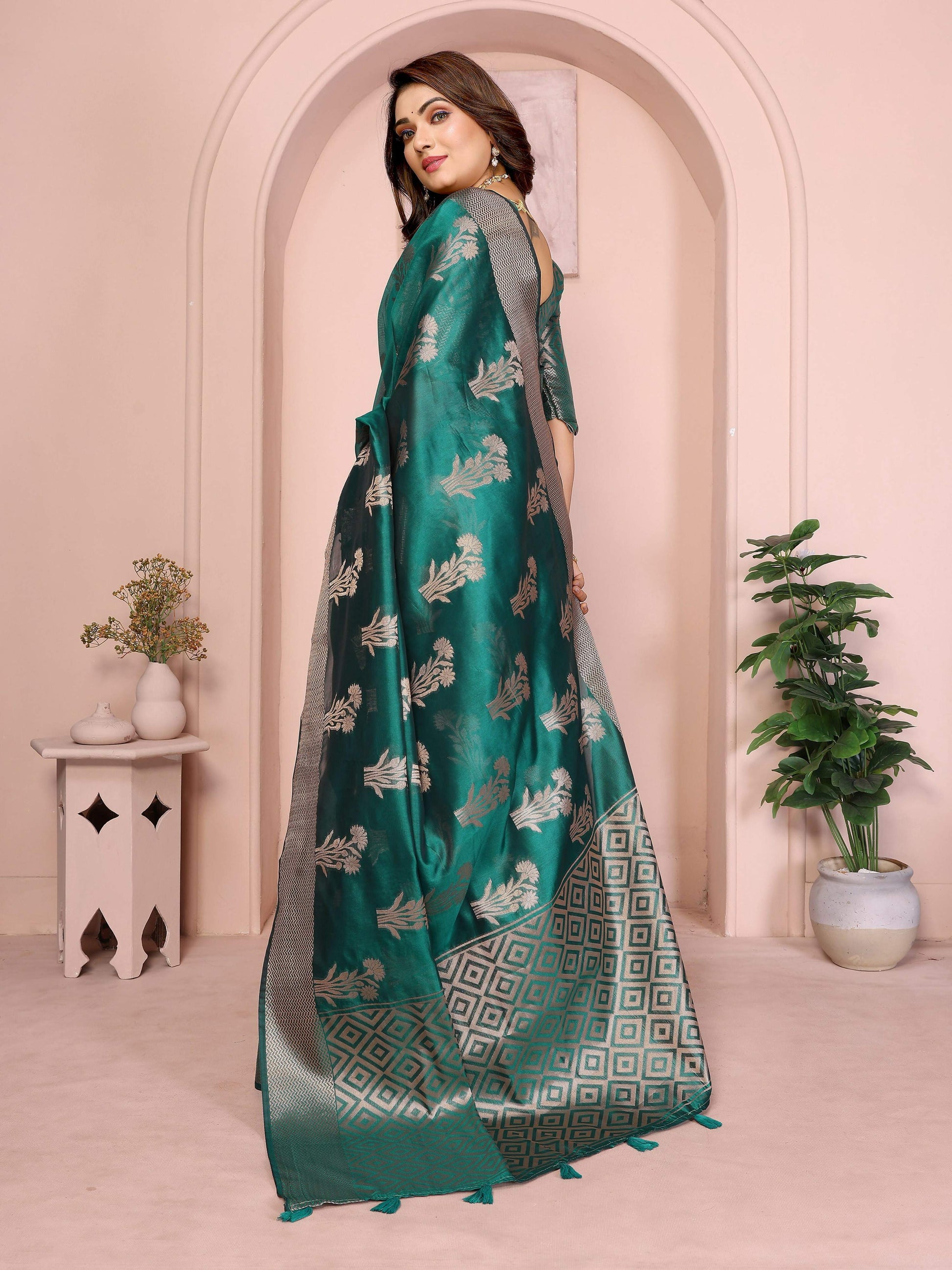 Aastha Fashion Green Soft Organza Silk Weaving Saree