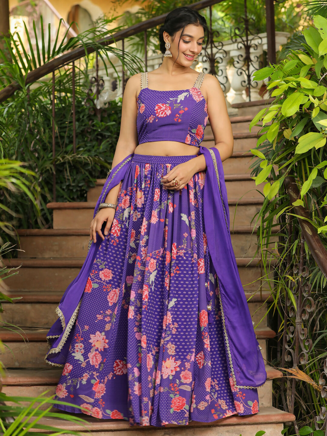 Janasya Purple Georgette Floral Lehenga Choli Dupatta | Swadesiicart