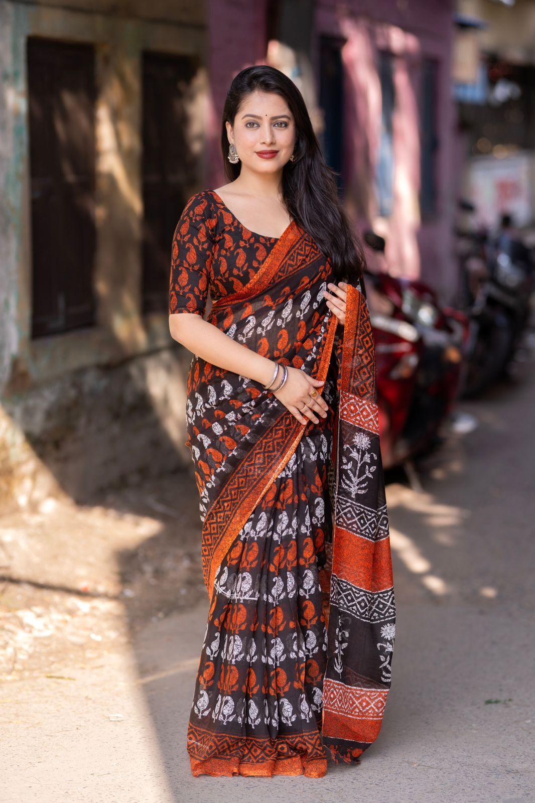 Orange Linen Blend Ethnic Motifs Saree with Unstitched Blouse - Hiral Fashion | Swadesiicart