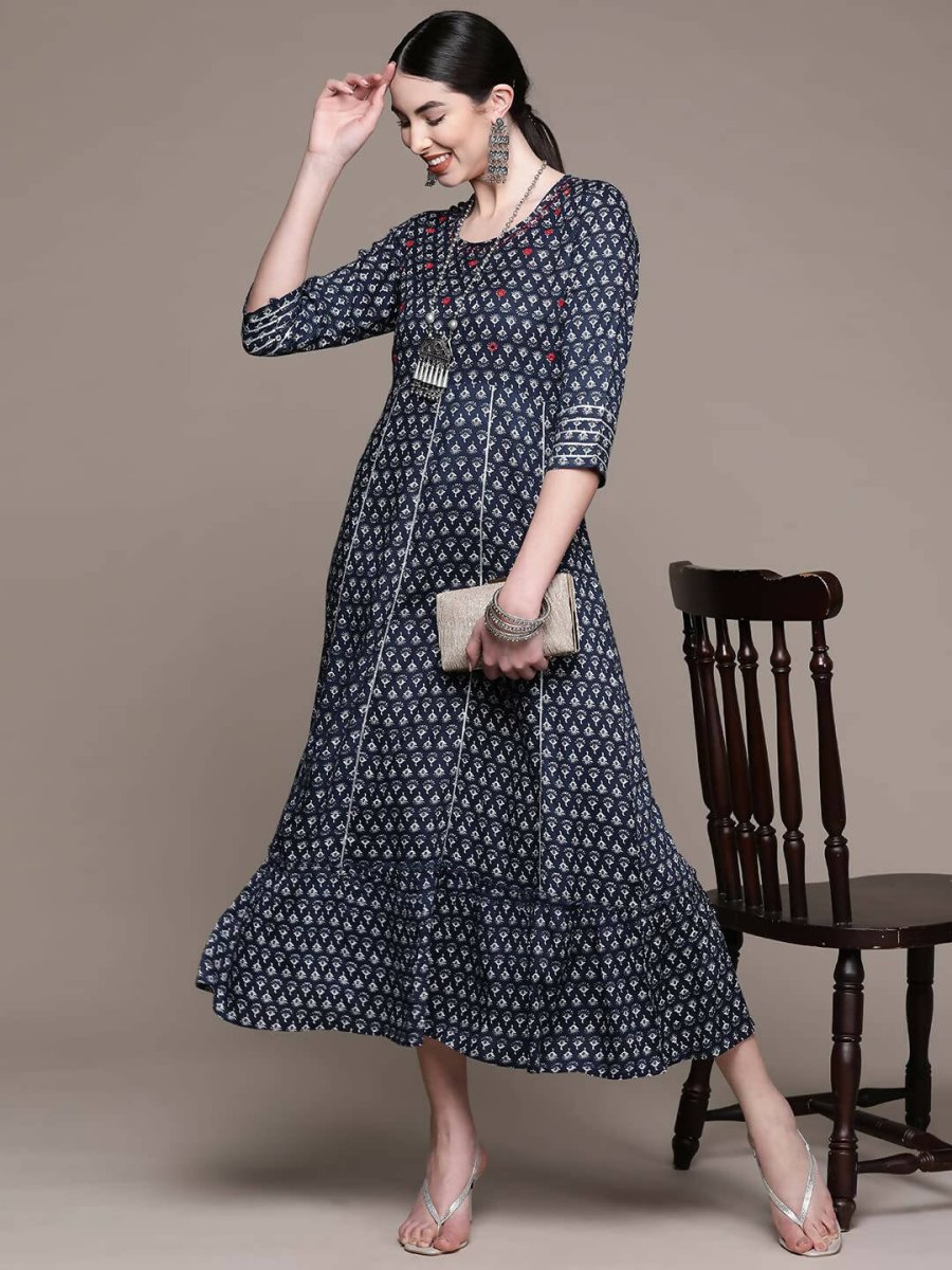 Anubhutee Women's Viscose Rayon Navy Blue Printed Ethnic Dress | Swadesiicart