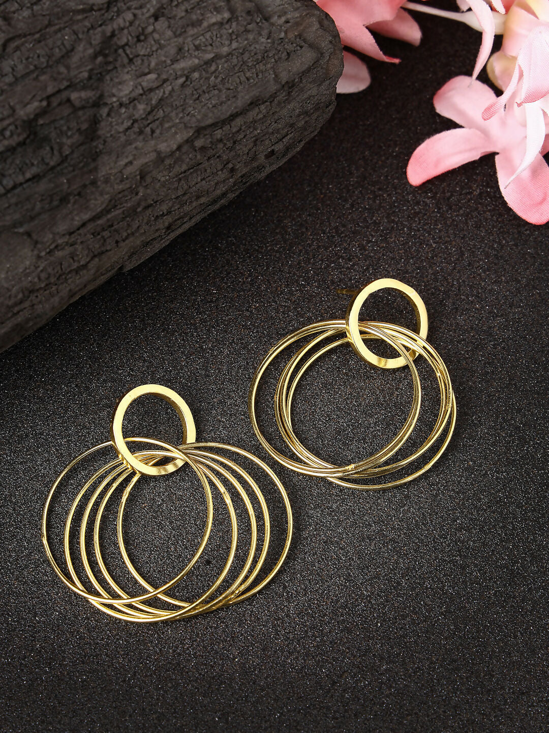 NVR Women Golden Linked Round Circle Attached Drop Earrings - Swadesiicart