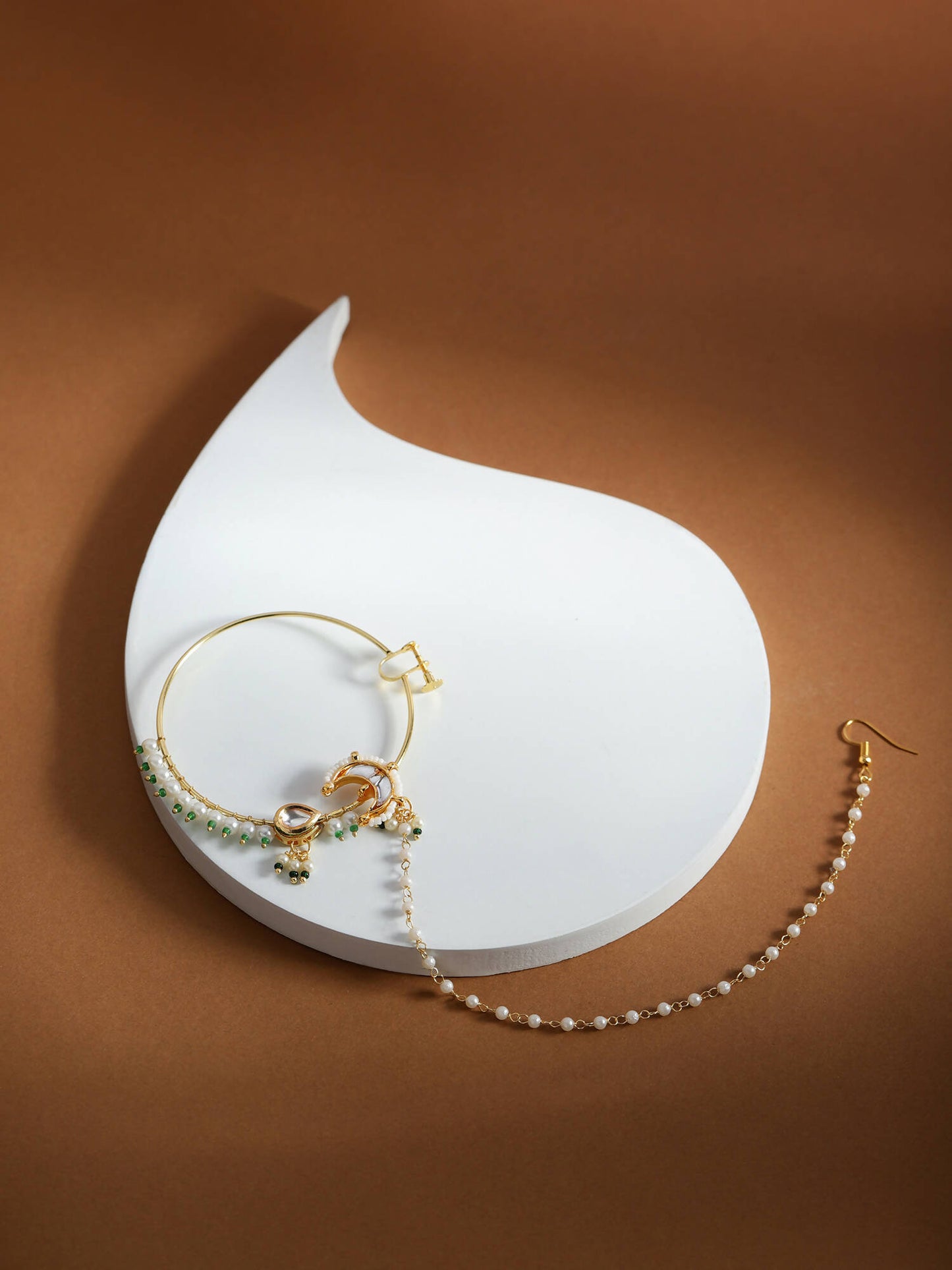 Gold-Polished White Green Kundan-Studded Pearl Beaded Nosepin - Ruby Raang | Swadesiicart