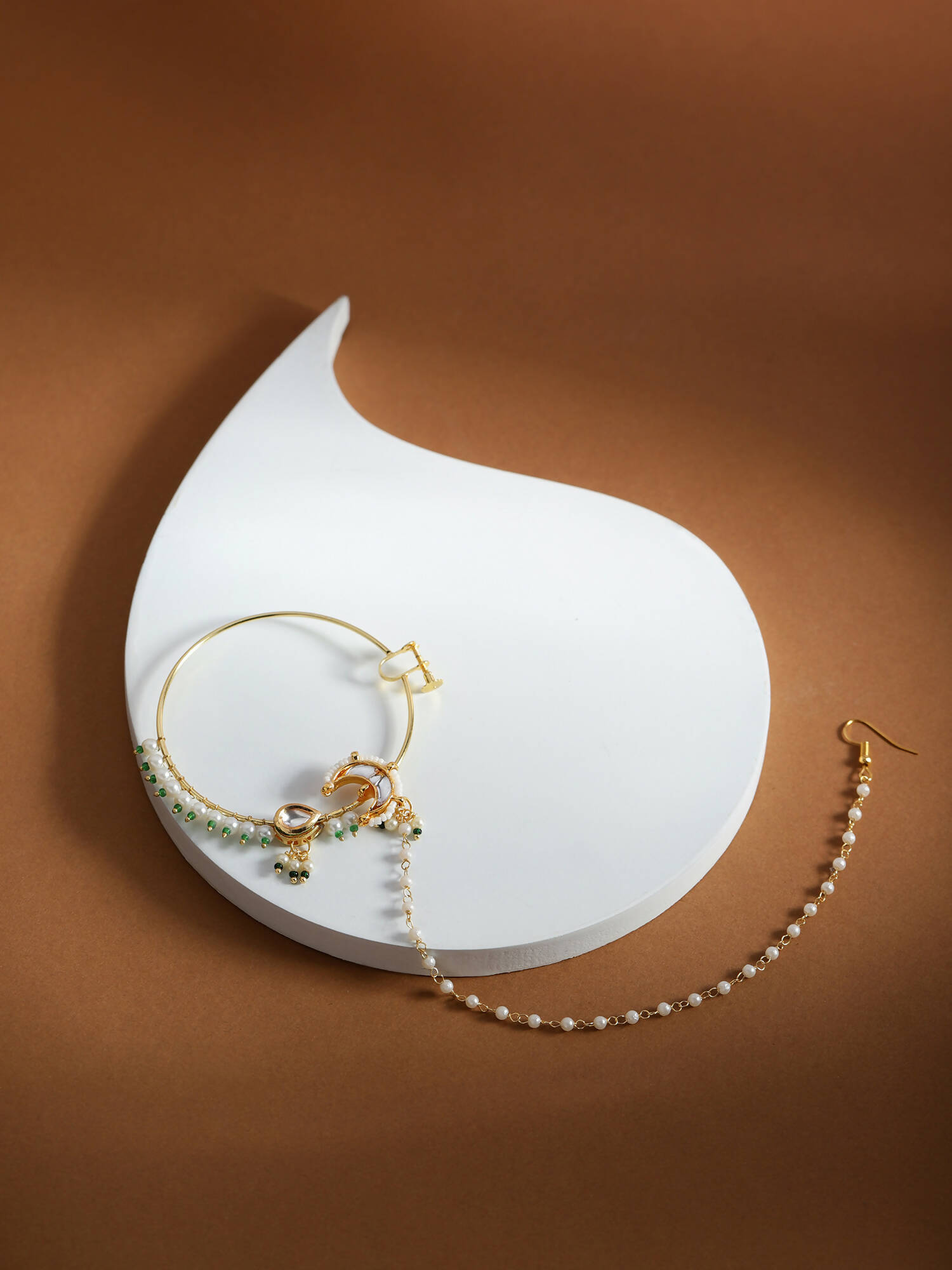 Gold-Polished White Green Kundan-Studded Pearl Beaded Nosepin - Ruby Raang | Swadesiicart