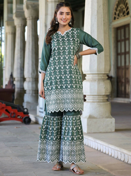 Juniper Women's Green Chinnon Embroidered Kurta Garara Set | Swadesiicart