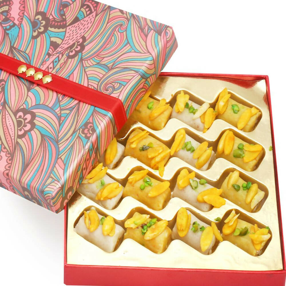 Ghasitaram Mini Assorted Kaju Rolls in Pink Box | Swadesiicart