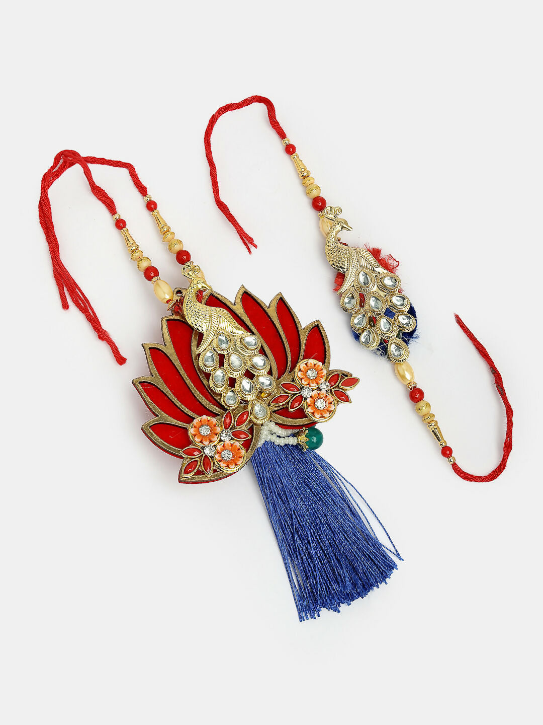 NVR Women & Men Set of 2 Gold-Toned Peacock Design Stone-Studded Bhaiya Bhabhi Rakhi With Roli Chawal & Chocolate | Swadesiicart