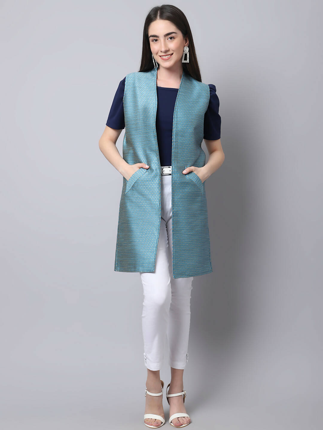 Even Apparels Blue Bansari Silk Open Front Women's Long Coat | Swadesiicart