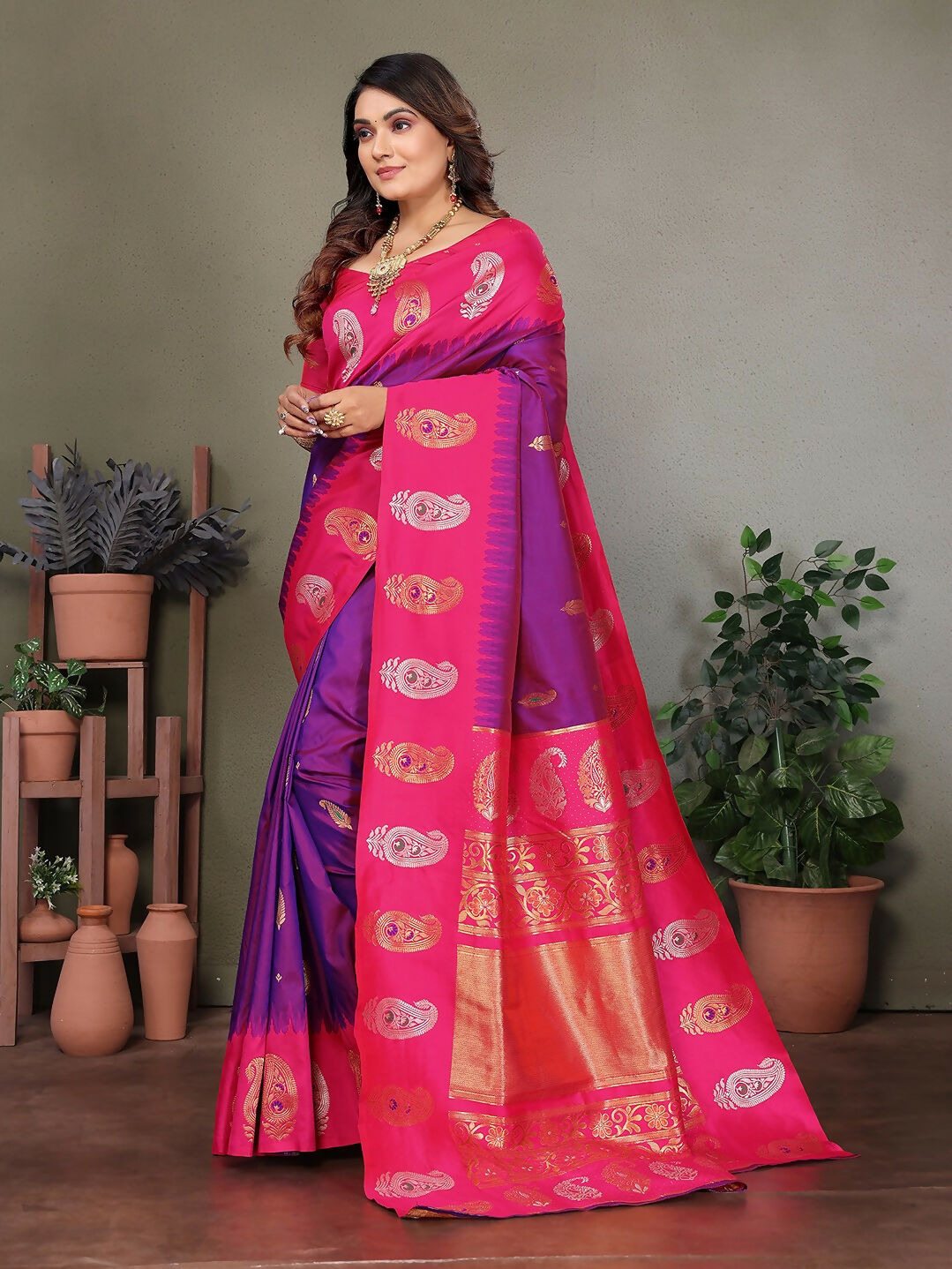 Joban Fashion Banarasi Purple Butti Soft Silk Saree | Swadesiicart