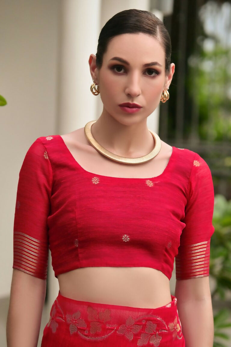 Vishnu Weaves Women's Red Linen Silk Zari Weaving Saree with Blouse - Swadesiicart