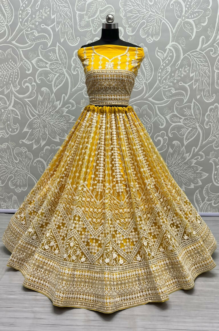 Jyoti Fashion Women's Yellow Net Patterned Thread Embroidered with Sequins Wedding Lehenga Choli | Swadesiicart