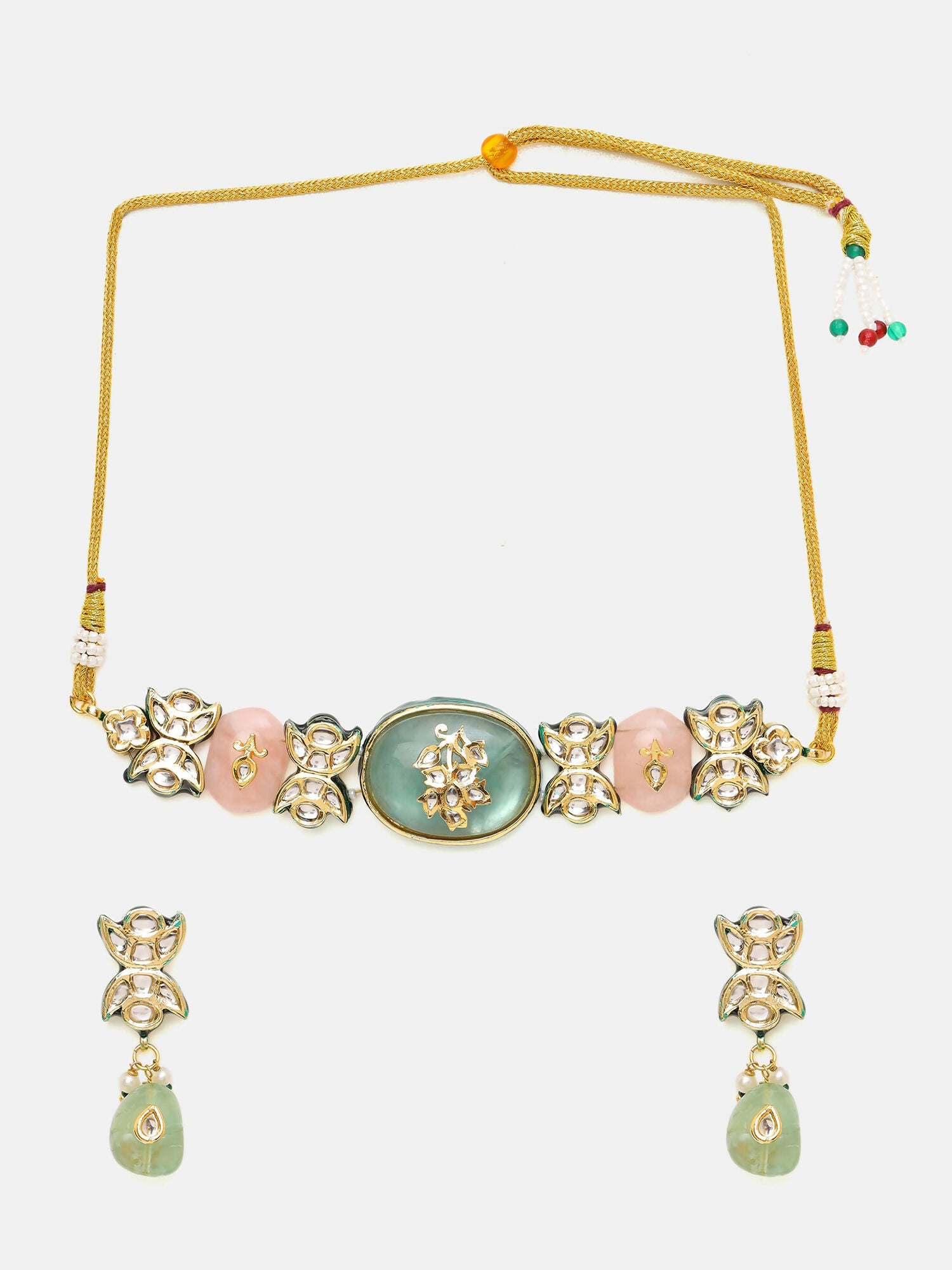 Ruby Raang 22k Gold Polished Kundan And Mint Colored Stonework Choker With Matching Earrings | Swadesiicart