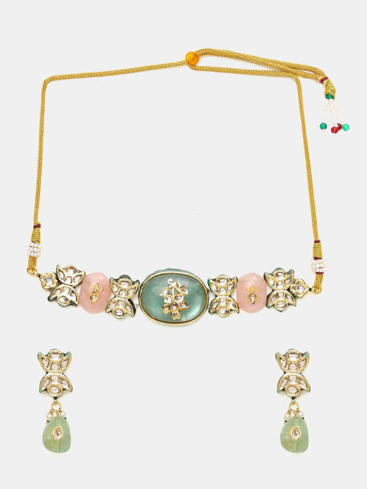 Ruby Raang 22k Gold Polished Kundan And Mint Colored Stonework Choker With Matching Earrings | Swadesiicart