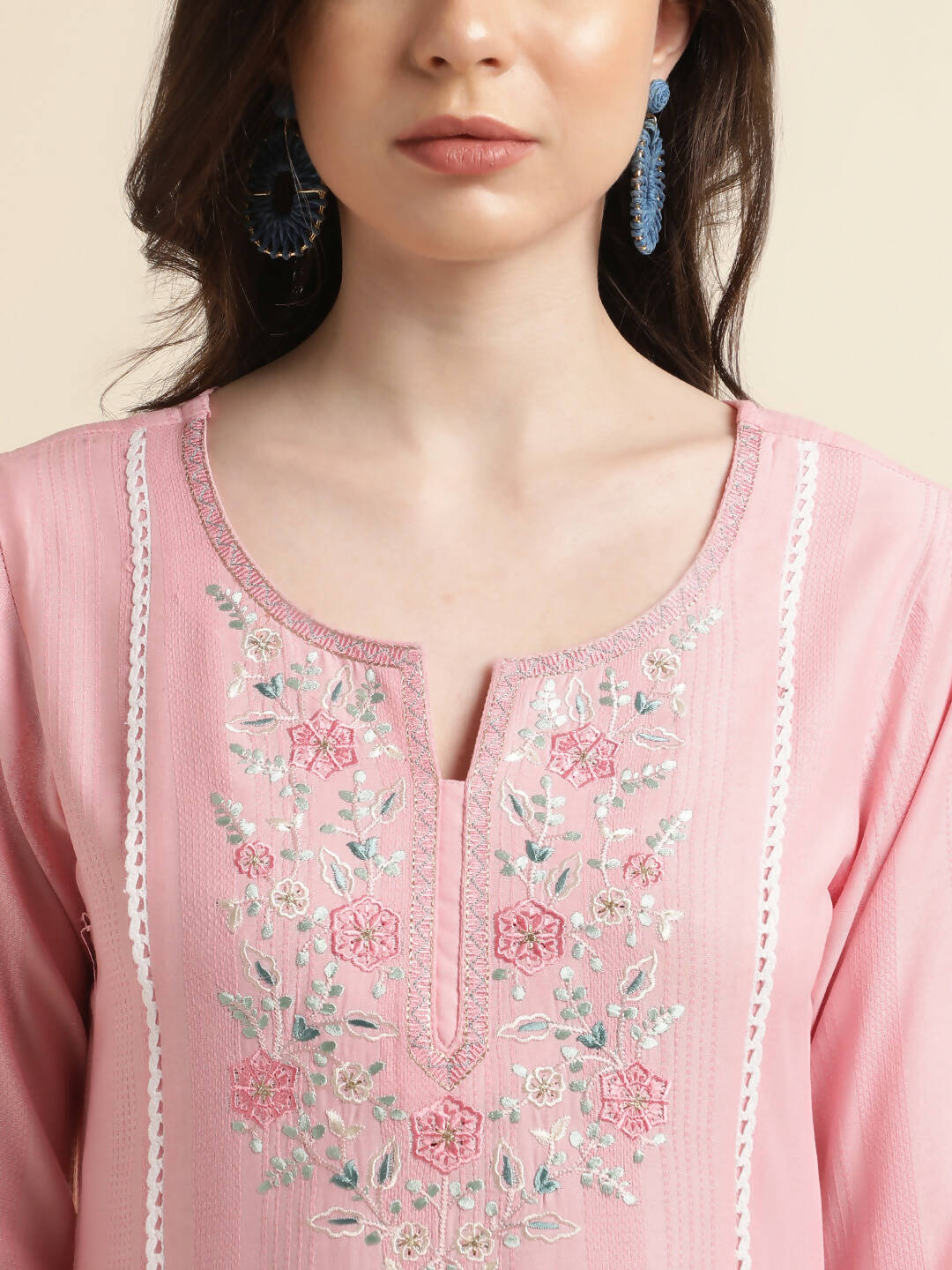 Pink Viscose Rayon Yoke Embroidered A-line Top - Tarini - Swadesiicart