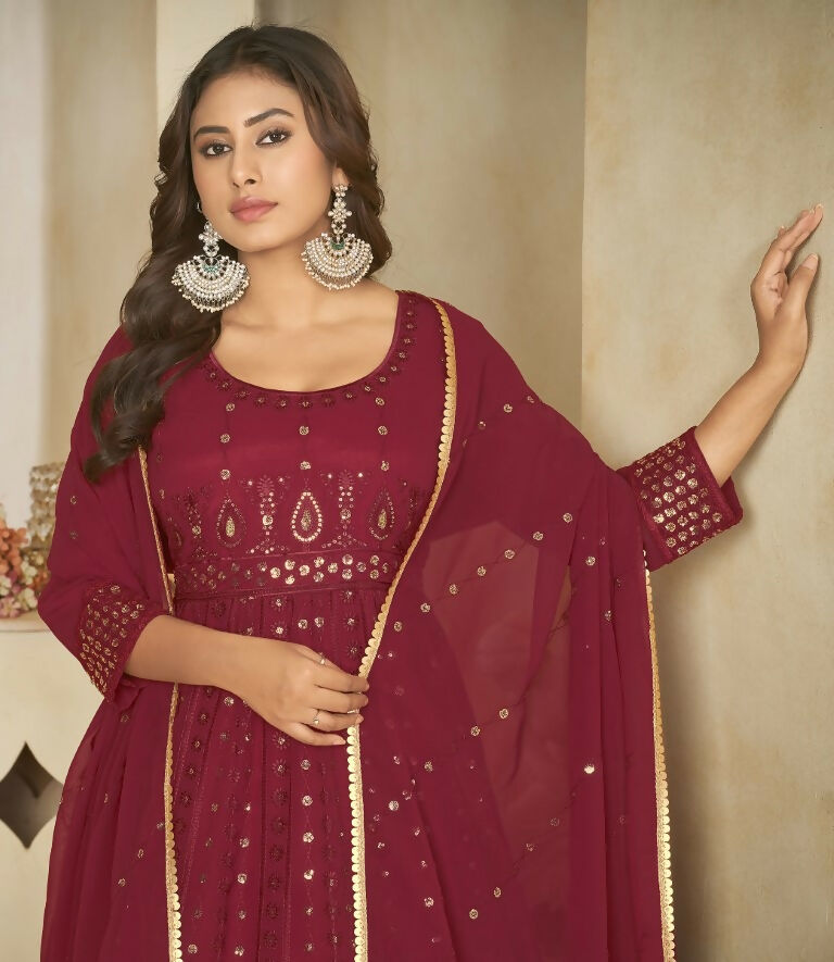 Jyoti Fashion Women's Maroon Georgette Embroidered Anarkali Kurta Pant Set With Dupatta | Swadesiicart