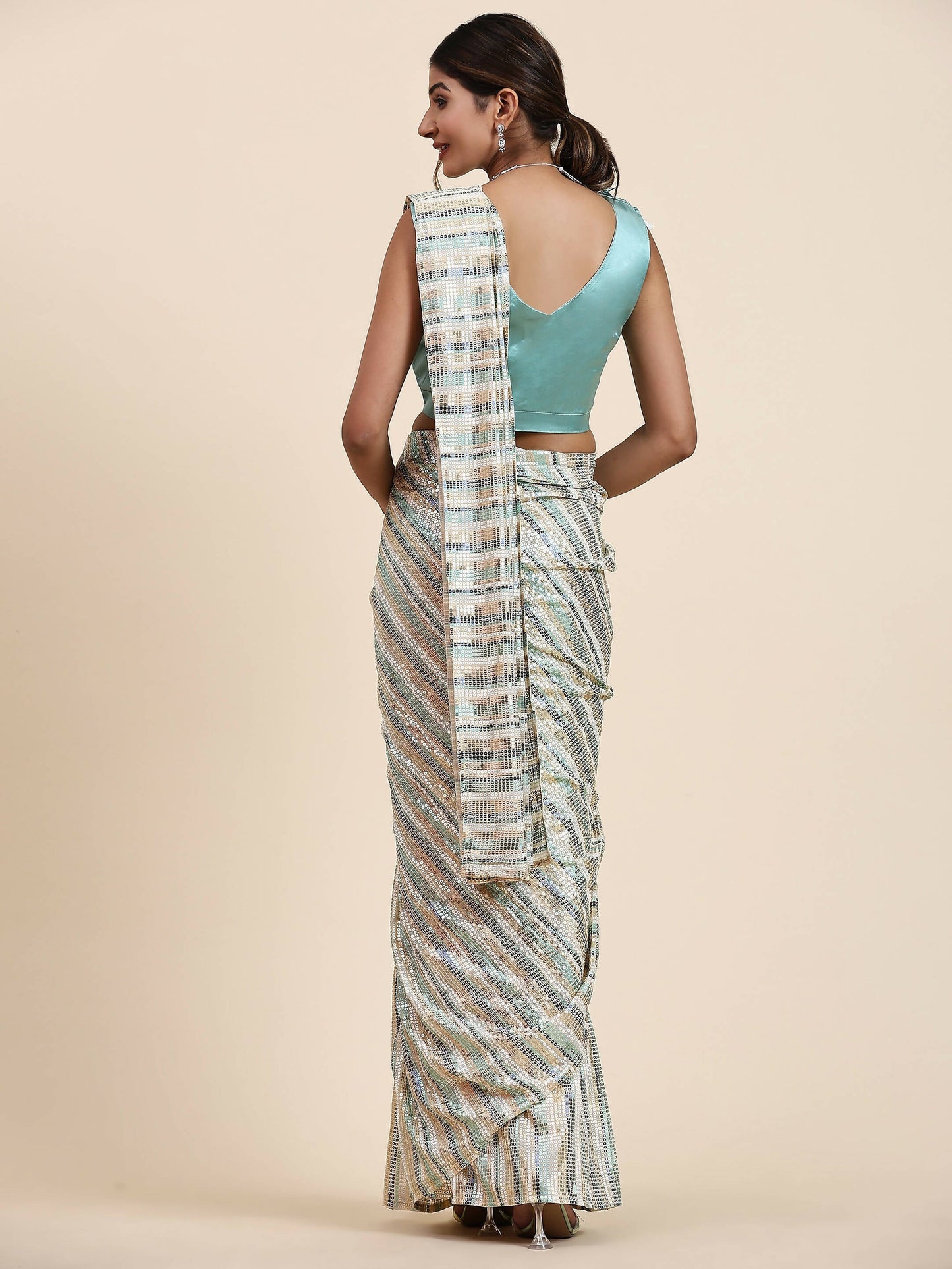 Sky Blue Pure Georgette Sequence work Ready to wear Saree with stitched Blouse - Satiksha | Swadesiicart