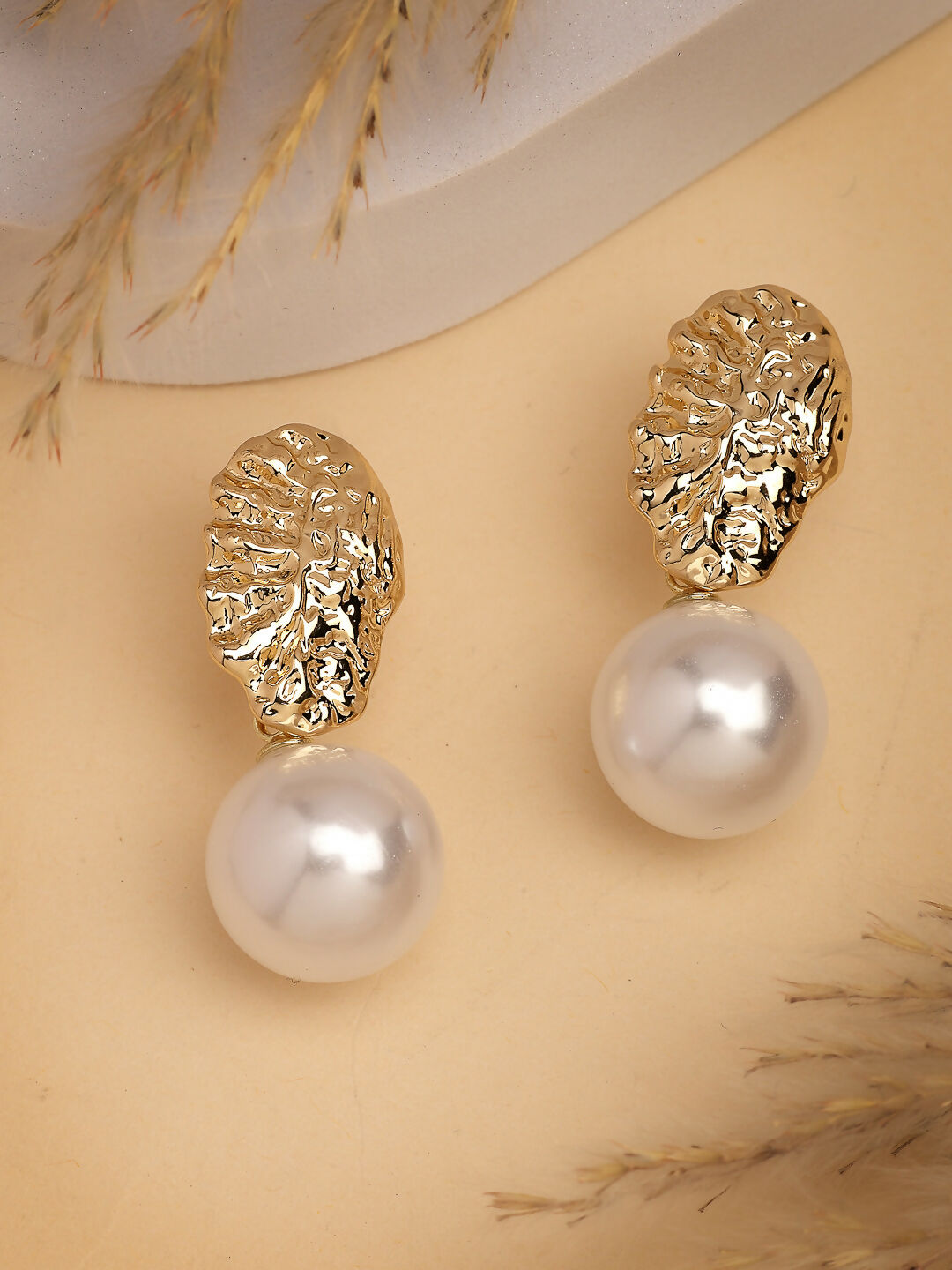 NVR Women's Gold-Polished White Pearl Drop Earrings | Swadesiicart
