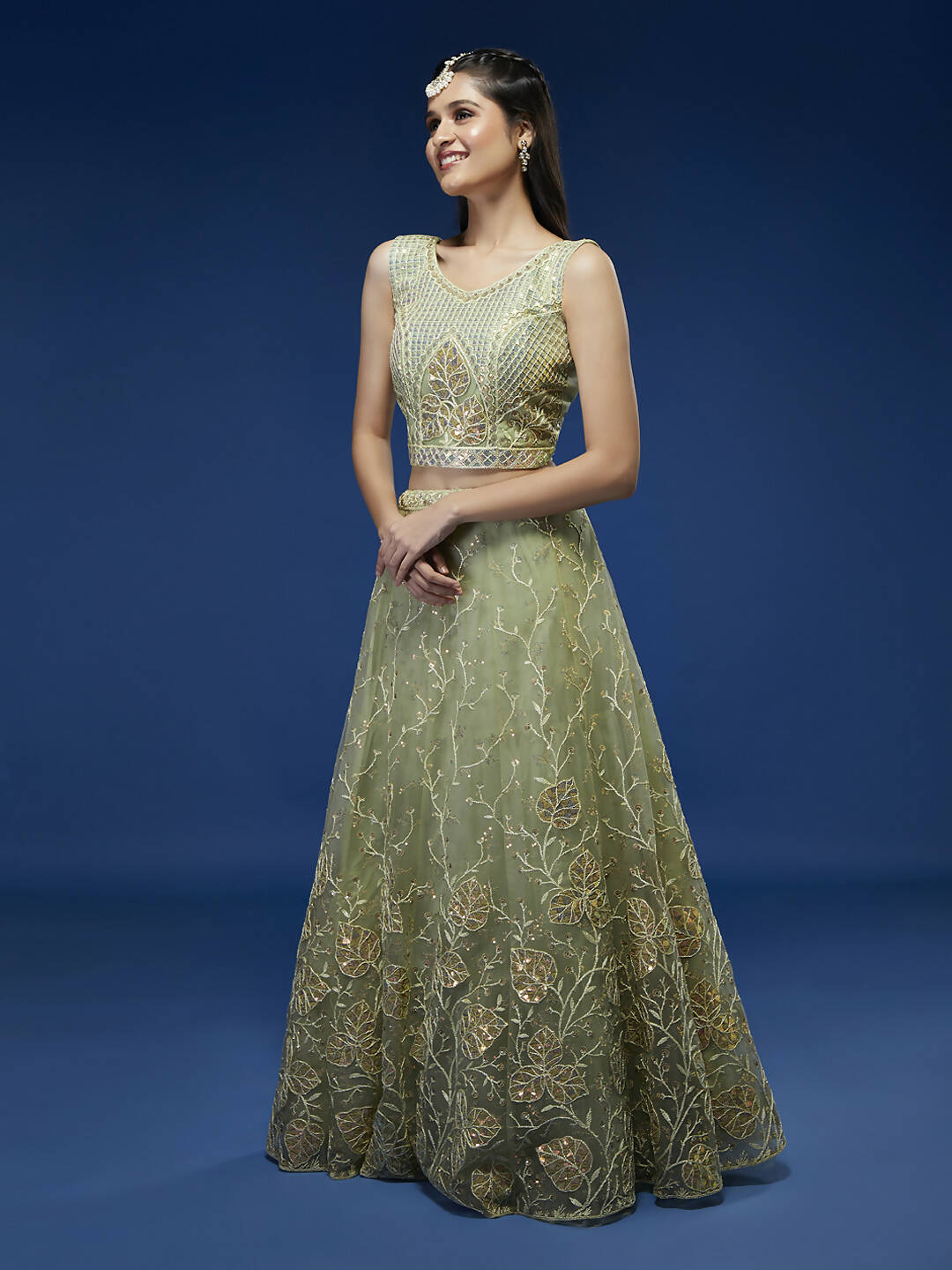 House of Panchhi Pista Net Sequinse Work Lehenga & Blouse, Dupatta | Swadesiicart