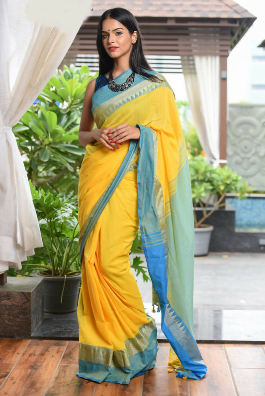 Very Much Indian Pure Cotton Handloom Saree With Intricate Borders - Yellow | Swadesiicart