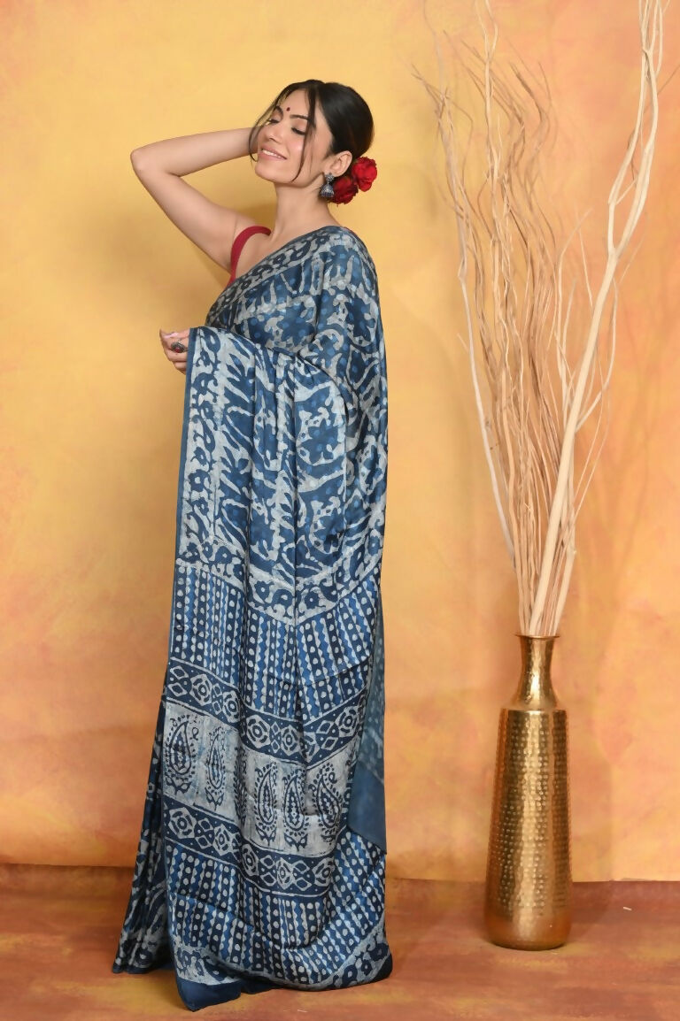 Very Much Indian Modal Silk Ajrakh Handblock Printed Natural Dyes Sleek Border Saree - Powder Blue | Swadesiicart