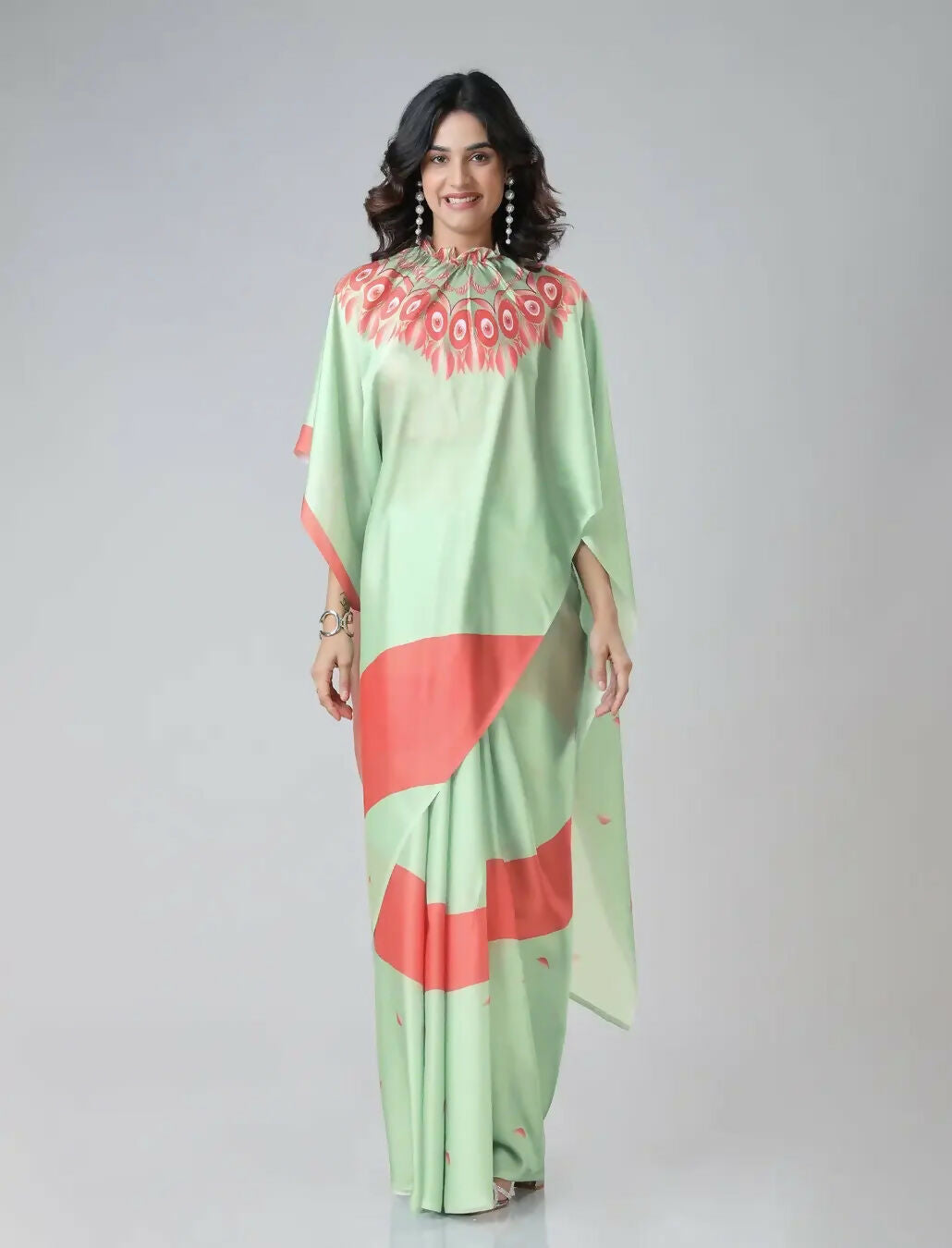 Vastranavya Mint Green & Coral Mandala Print Free Hand Ready to Wear Saree | Swadesiicart
