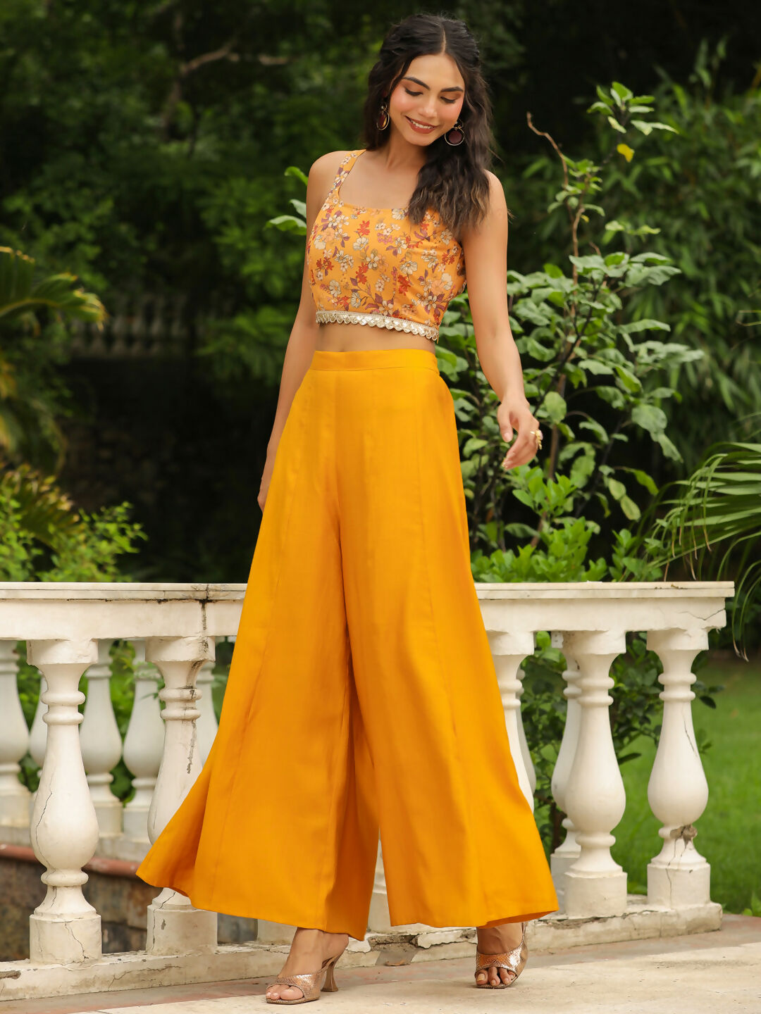 Janasya Mustard Georgette Floral Top Bottom Cape | Swadesiicart