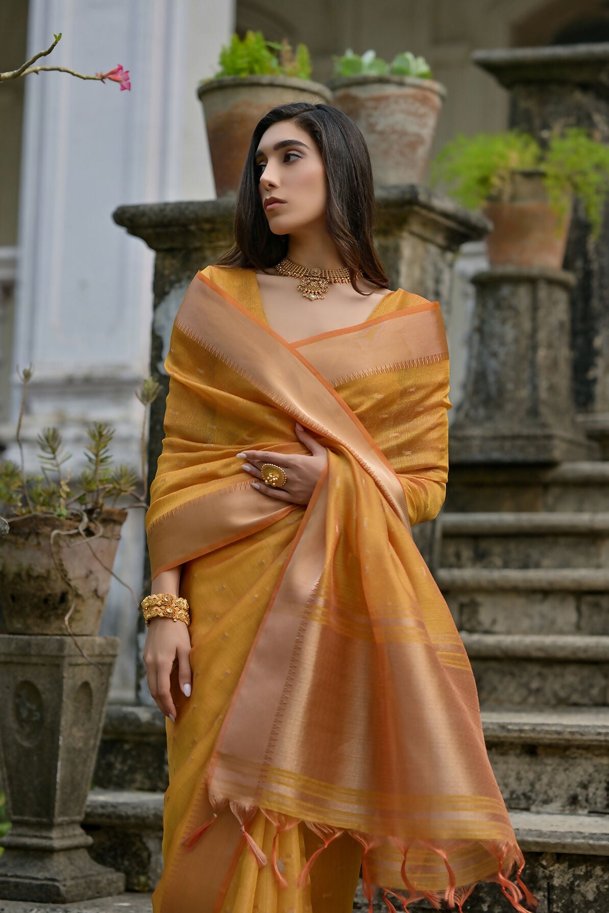 Vishnu Weaves Women's Yellow Soft Tissue Silk Zari Woven Saree with Blouse - Swadesiicart
